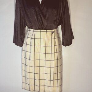 Evan Picone SZ 6 Vintage Ivory & Black plaid wool pencil skirt timeless academia